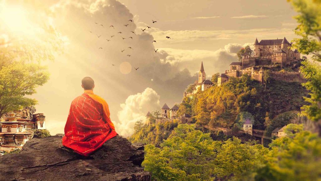 Image of a monk overlooking a monastery - in reference to the ancient traditions semen retention comes from.