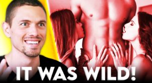 Image of two women and a man beginning a threesome, next to an image of Taylor Johnson with the words "it was wild" in text describing the threesome.