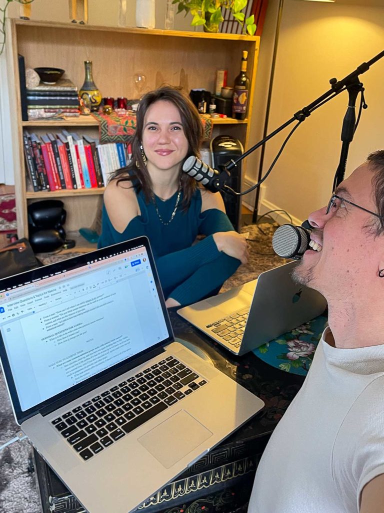Photo of Naema Pierce and Taylor Johnson recording a podcast in Asheville, NC