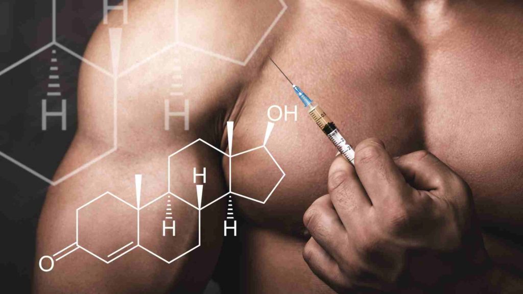 Image of a strong man's body with a graphic of the testosterone molecule overlayed on top.