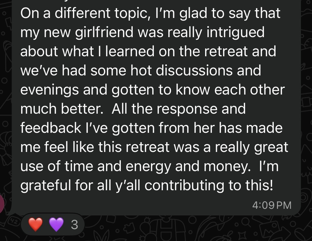 A screenshot of a testimonial message sent to Taylor from a participant at the Sexual Leadership Training.