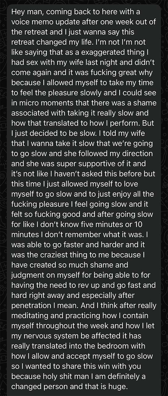 A screenshot of a testimonial message sent to Taylor from a participant at the Sexual Leadership Training.